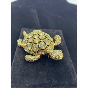 Gold-Tone Green Rhinestone Turtle Brooch Pin Vintage Napier Jewelry